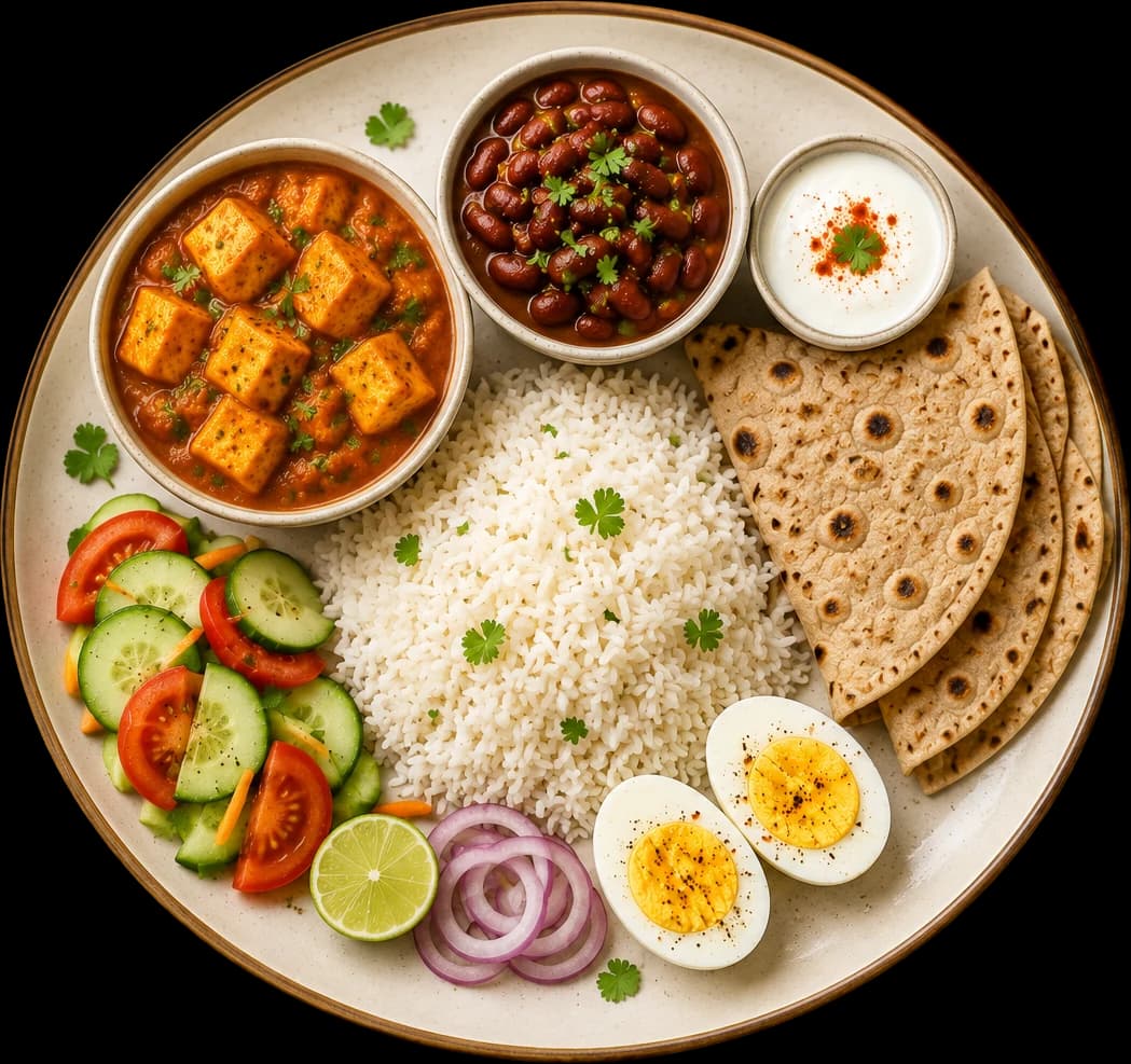 Balanced Indian thali — paneer curry, rajma, steamed rice, whole wheat rotis, curd, salad and boiled eggs