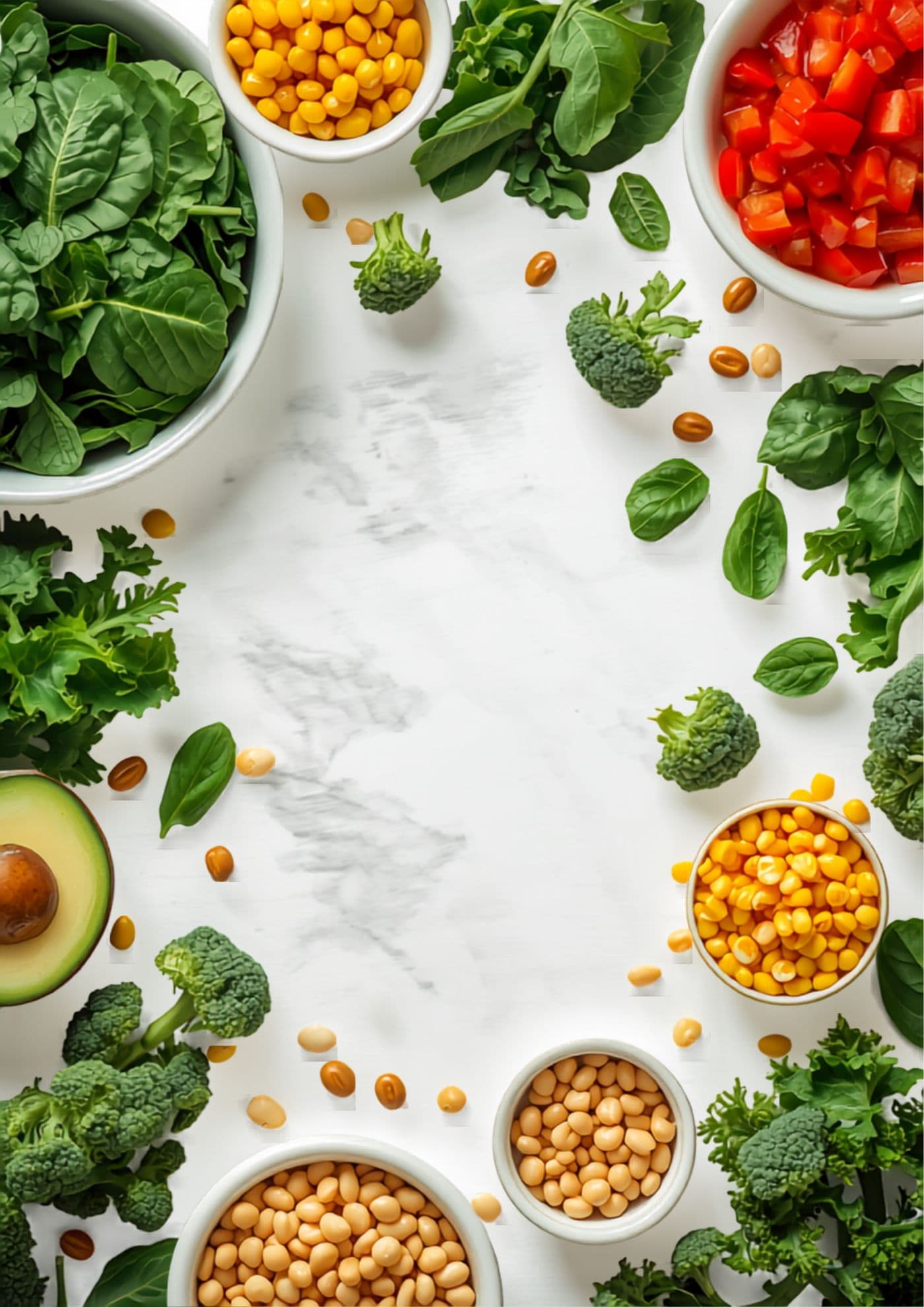 Fresh salad and vegetable ingredients — spinach, kale, broccoli, avocado