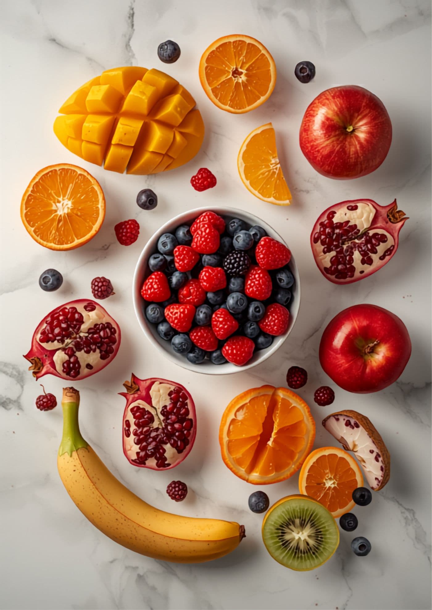 Colorful fresh fruits — berries, mango, pomegranate, orange, banana